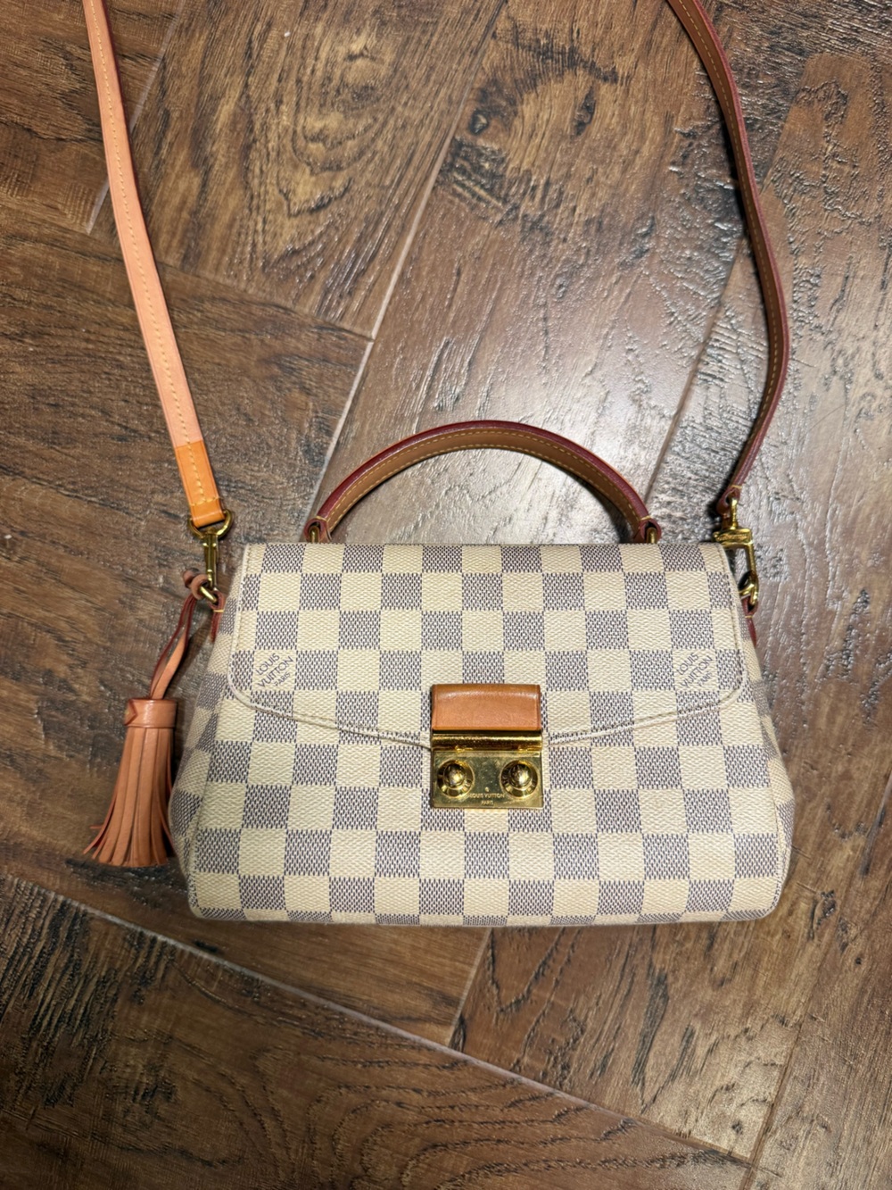 Authentic Louis Vuitton Cream Checkered Shoulder Bag with Brown Trim
